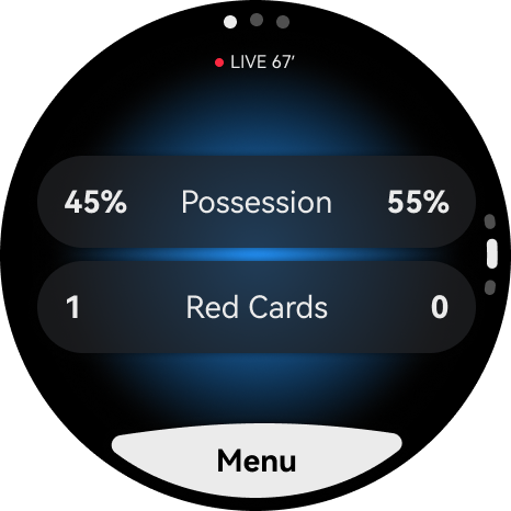 Watch screen: live match with stats such as ball possession, discipline, and score